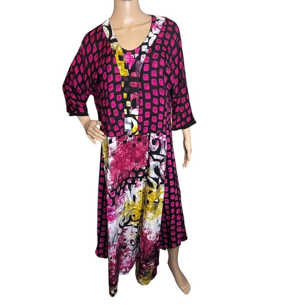 Vintage IguaNa Batik Dress Jacket Set Medium Boho Art‎ To Wear Maximalist Pocket